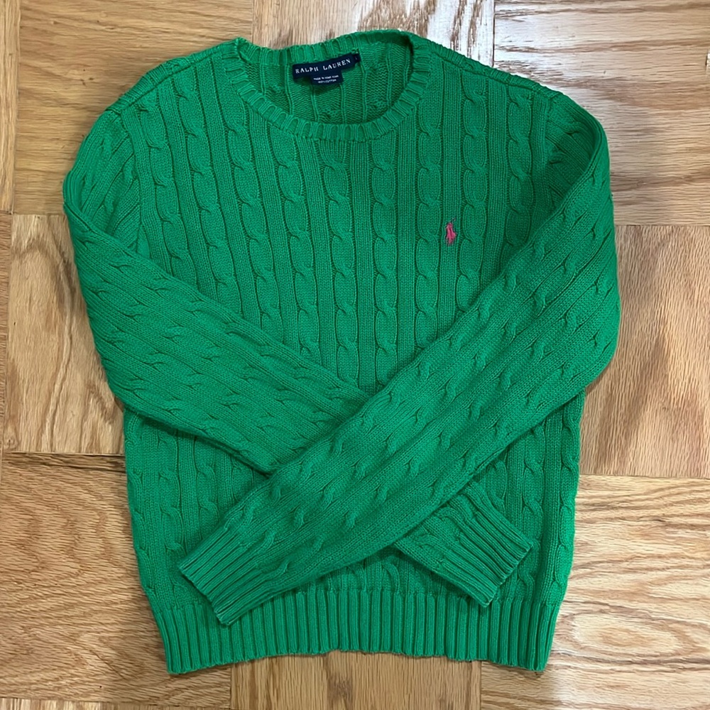 Ralph Lauren green cable knife crew neck sweater with pink polo horse